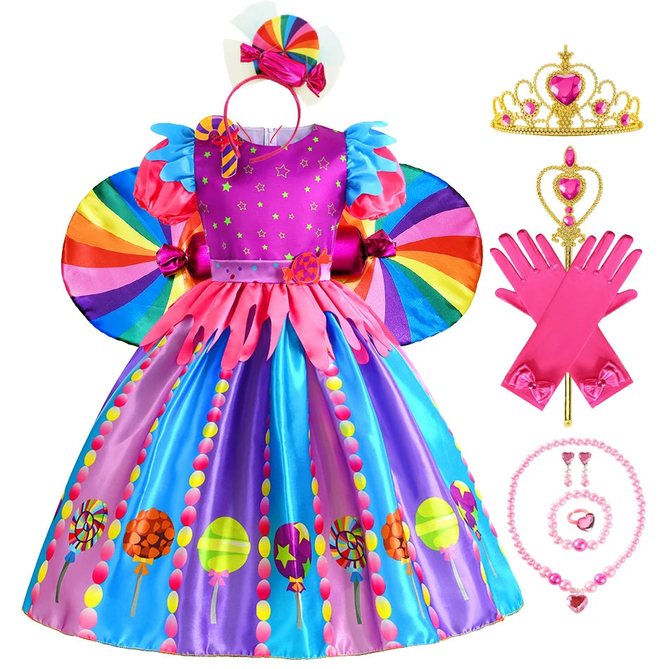 2-9Y Kid Baby Girl Rainbow Candy Costume Cosplay Lollipop Princess Dress