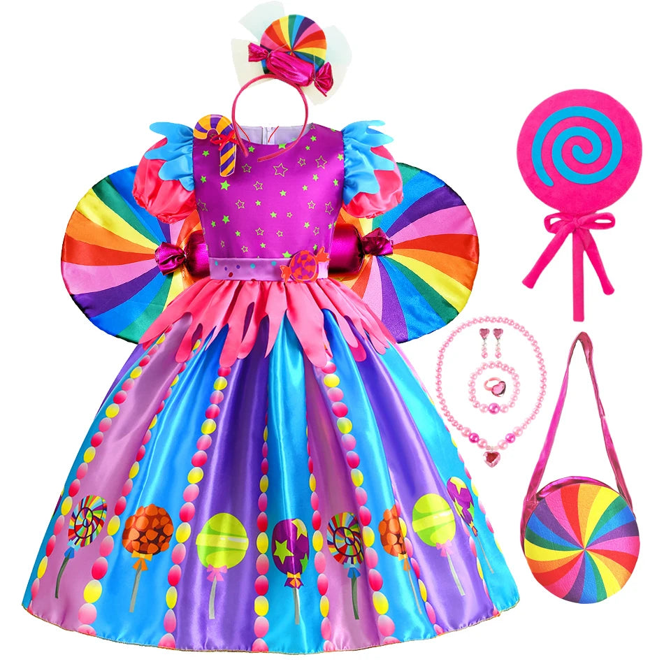 2-9Y Kid Baby Girl Rainbow Candy Costume Cosplay Lollipop Princess Dress
