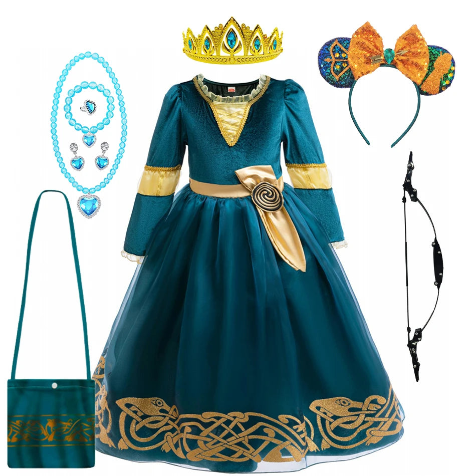 2-10Y Kid Girls Merida Cosplay Princess Stage Performance Dress