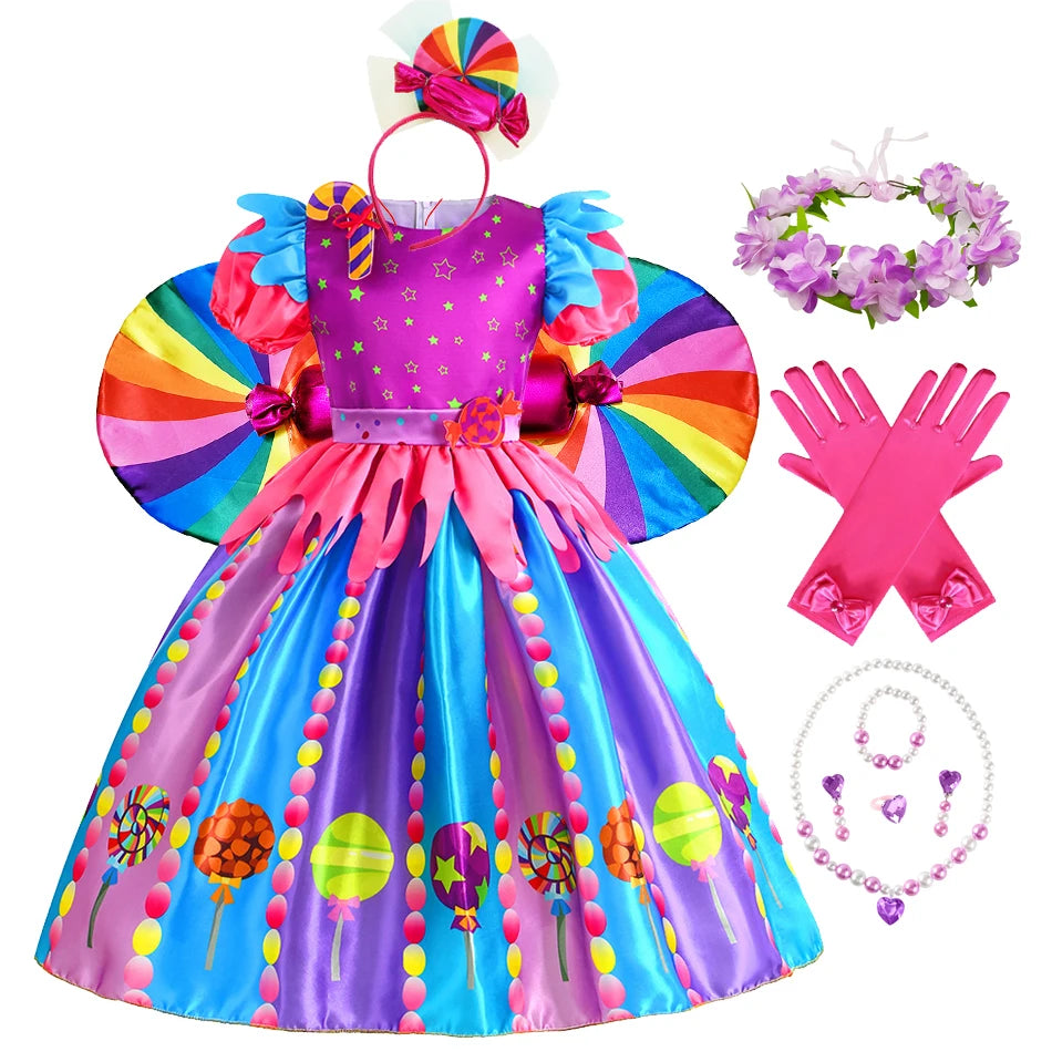 2-9Y Kid Baby Girl Rainbow Candy Costume Cosplay Lollipop Princess Dress