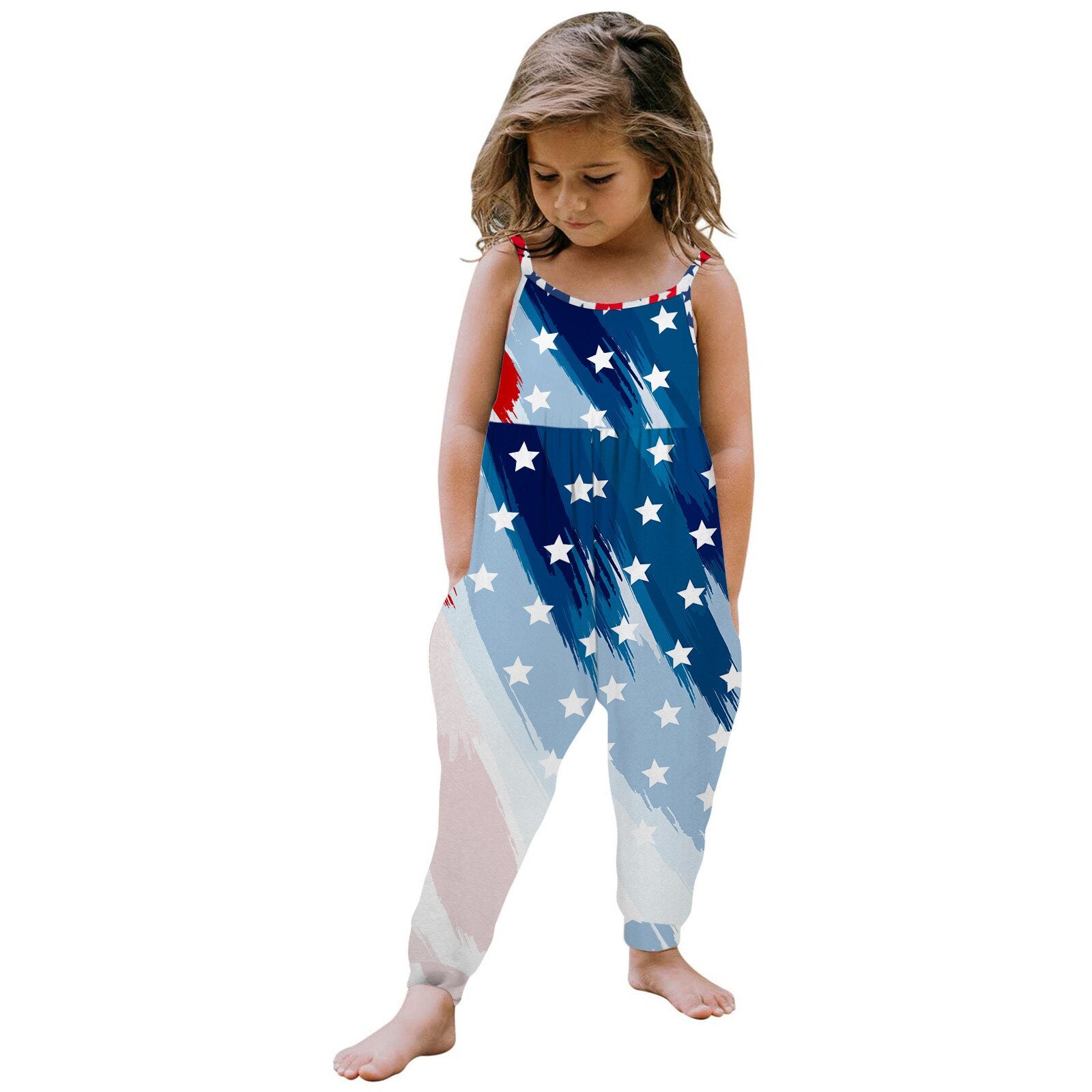 Kids Girl 4th Of July Independence Day Print Sleeveless Jumpsuit Pants