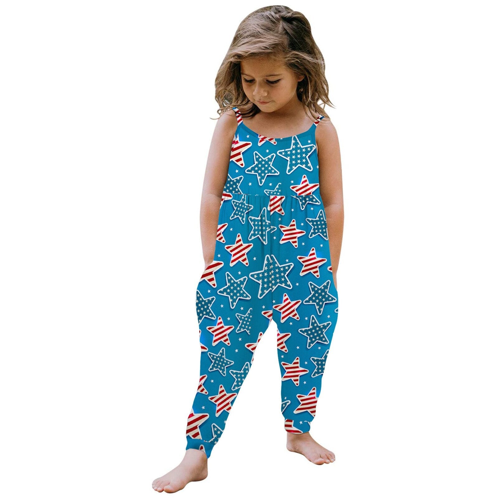 Kids Girl 4th Of July Independence Day Print Sleeveless Jumpsuit Pants