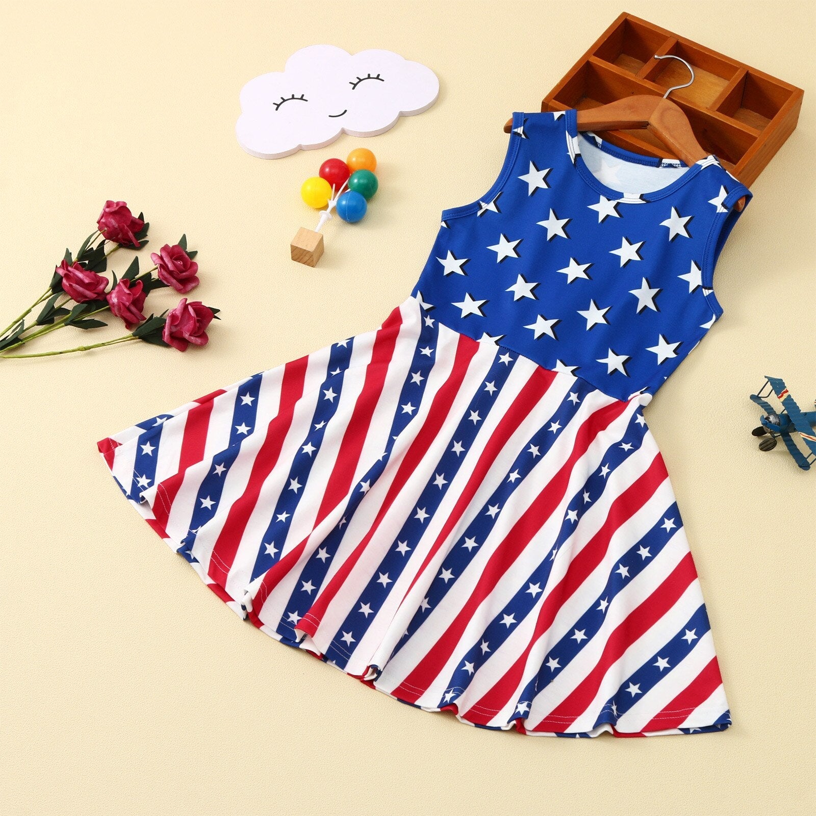 Baby Girls 4th of July Independence Day Sleeveless Stars Striped Dresses