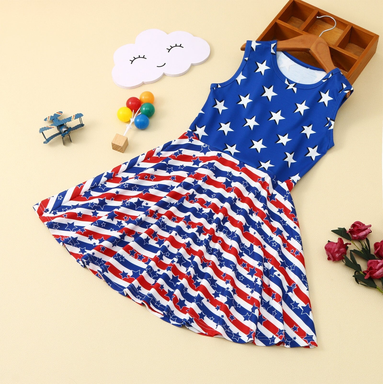 Baby Girls 4th of July Independence Day Sleeveless Stars Striped Dresses