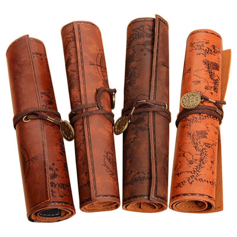 Vintage Retro Treasure Map Canvas Leather Pencil Pouch Stationery Storage