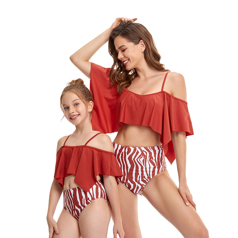 Family Matching Parent-child Swimsuit Printed Bikini Ruffled Mother Daughter Swimwear