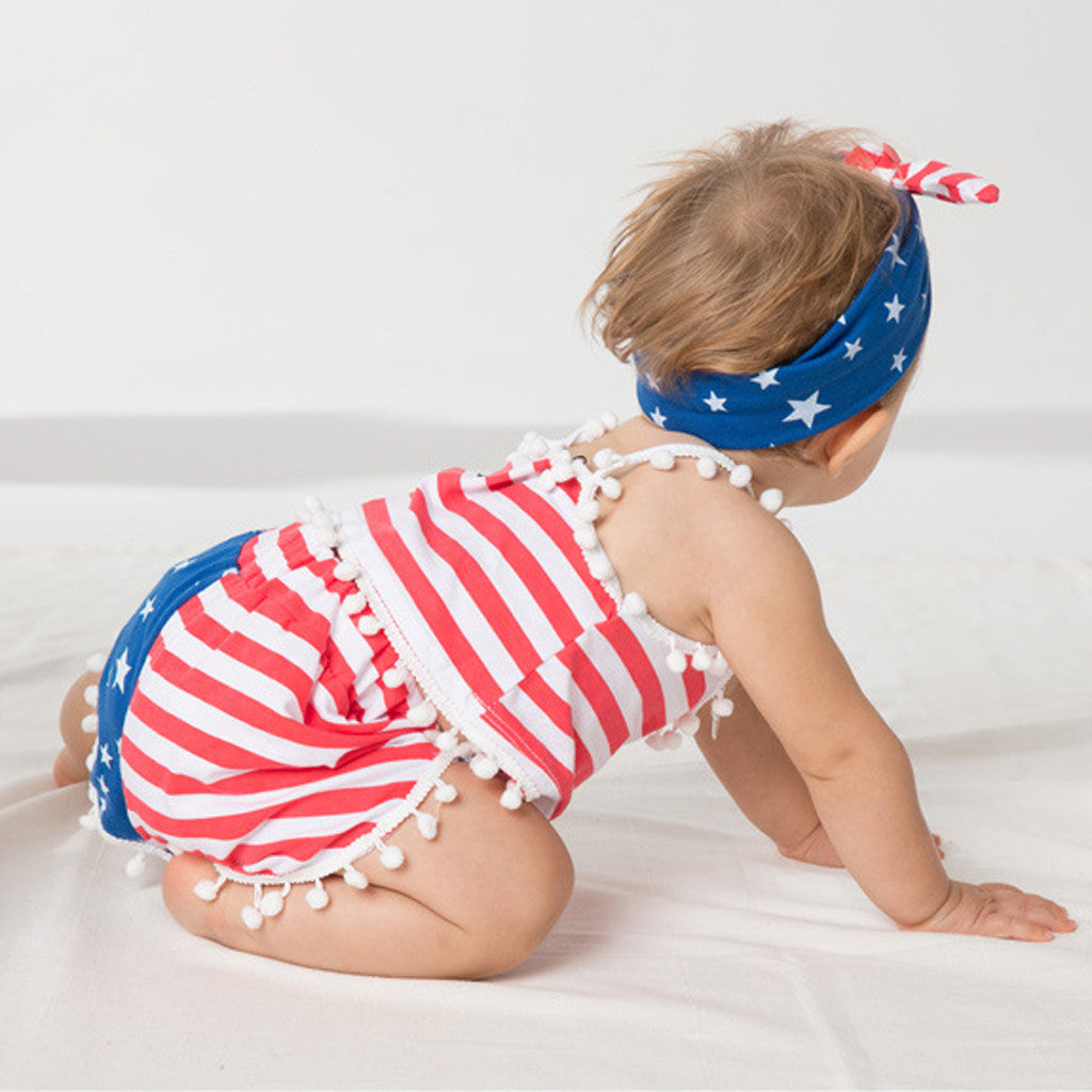 Baby Girls 4th-of-July Independence Day Sleeveless Tassels Stars Stripes Sets