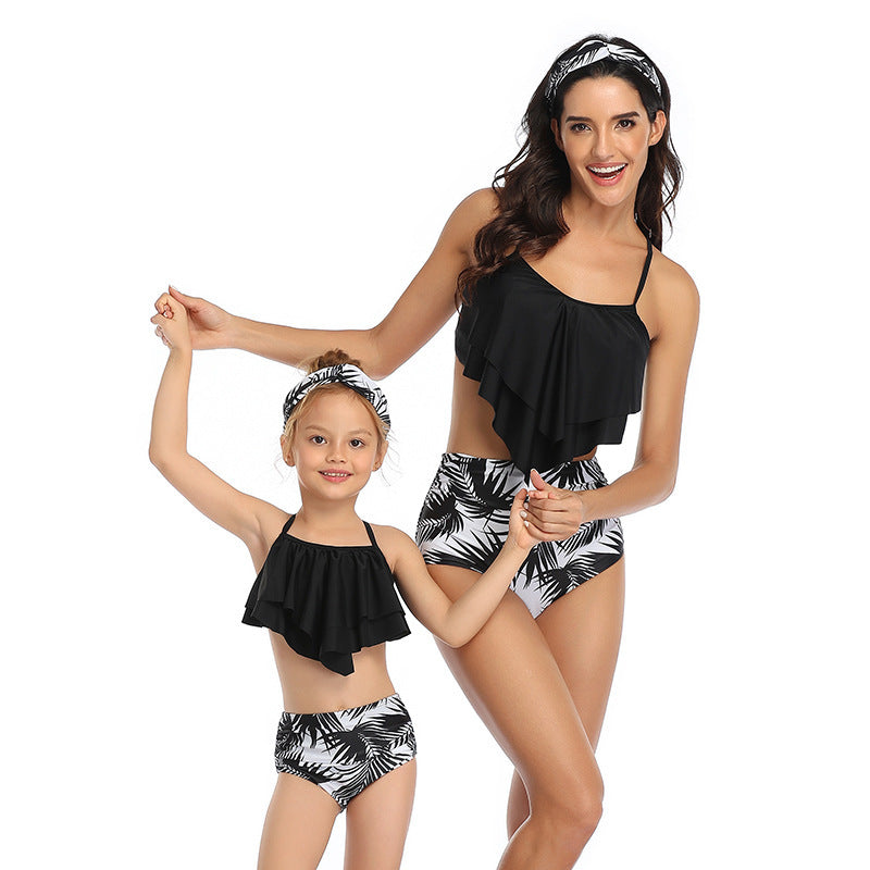Family Matching Parent-child Black Leaf Swimsuit Bikini