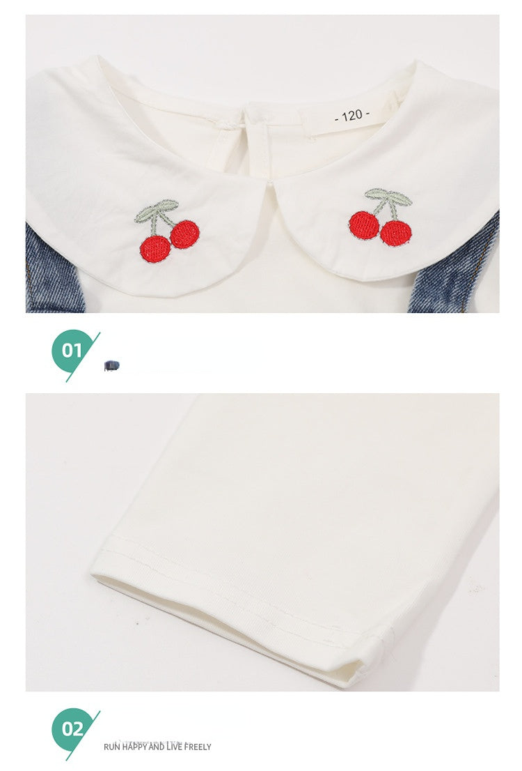 Kid Baby Girls Cherry Cowboy Suspenders Casual 2 Pcs Sets