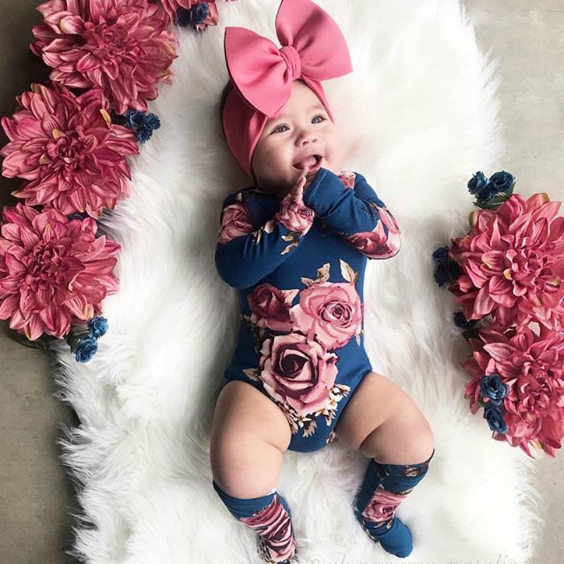 Baby Girls Romper Flower Jumpsuit+Leg Warmers Outfit 0-24M - honeylives