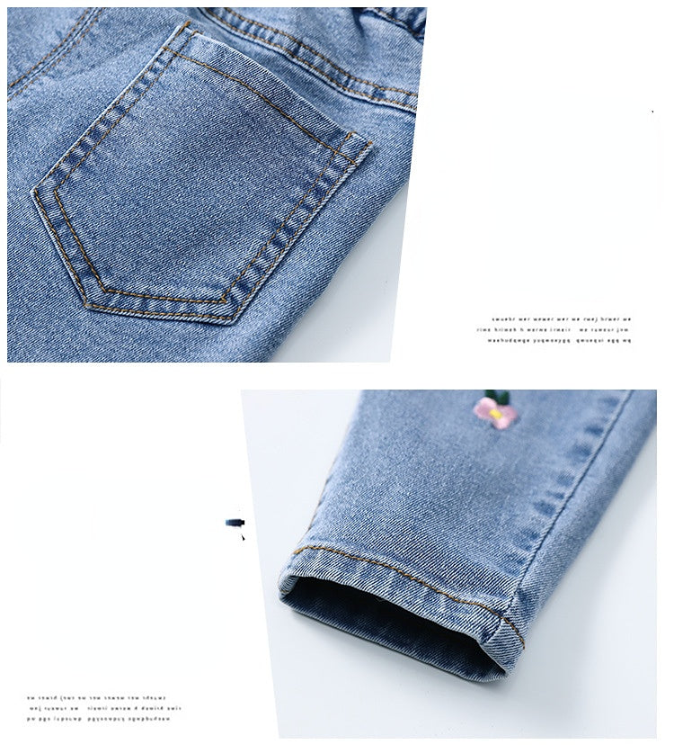 Kid Girls Flower Jeans Foreign Casual Trousers Spring Autumn Pants