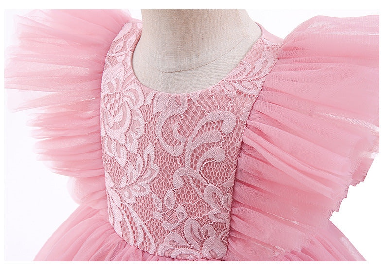 Kid Baby Girl Princess Flying Sleeve Mesh Lace Stitching Bow Dresses