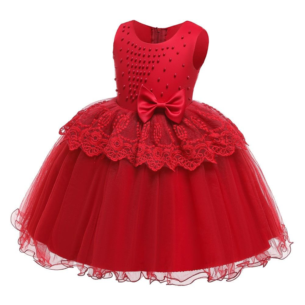 Kid Girl Princess Pearls Flower Lace Ball Gown Wedding Evening Dresses