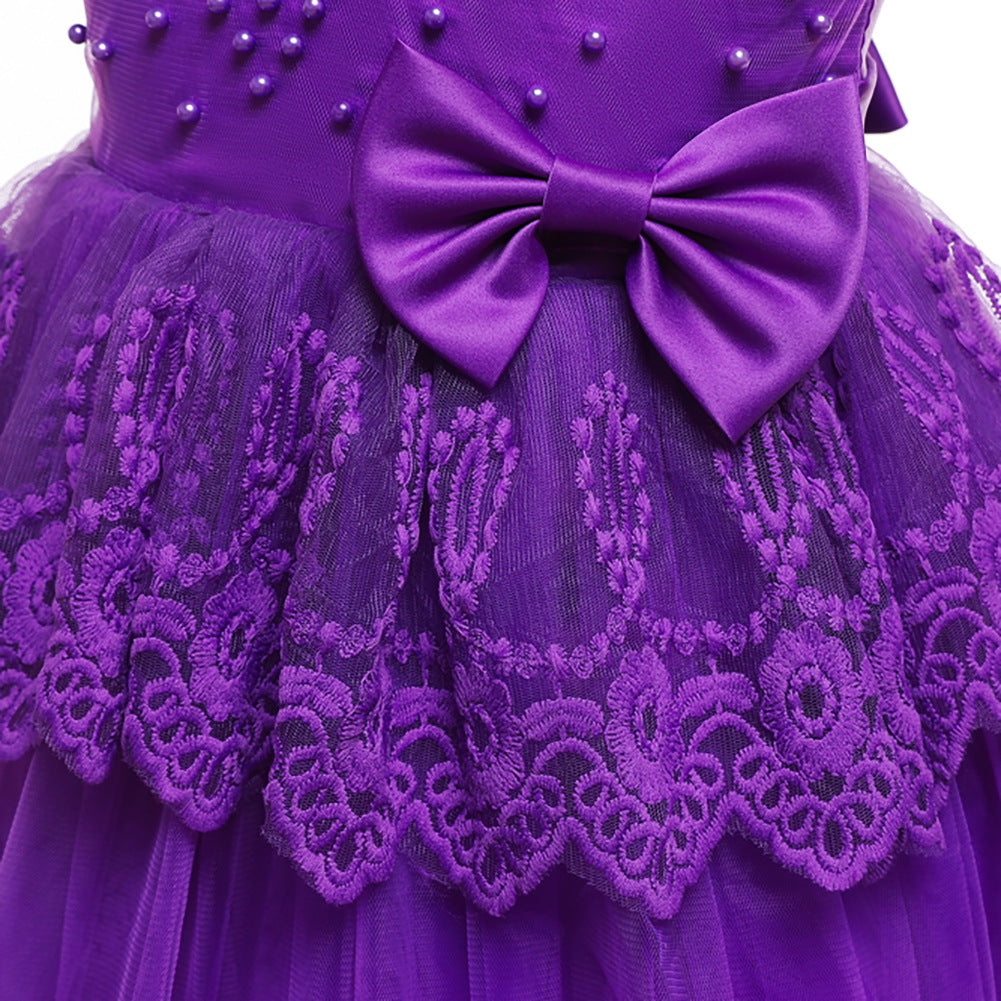 Kid Girl Princess Pearls Flower Lace Ball Gown Wedding Evening Dresses