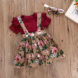 Baby Girl O-Neck Short Sleeve Ruffle Floral Suspender 2 Pcs Sets
