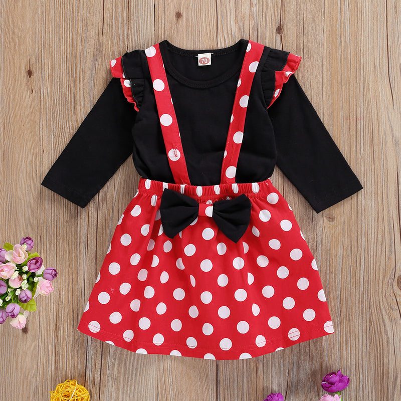 Baby Girl Dress Polka Dot Print  Lovely  Long Sleeve Strap 2 Pcs Sets
