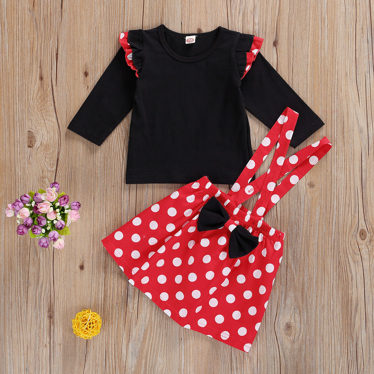 Baby Girl Dress Polka Dot Print  Lovely  Long Sleeve Strap 2 Pcs Sets