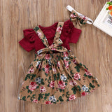 Baby Girl O-Neck Short Sleeve Ruffle Floral Suspender 2 Pcs Sets