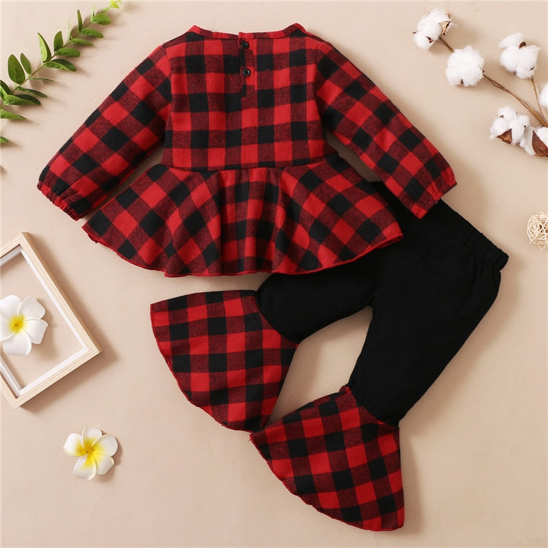 Girls Red Plaid Outfit Flouncing Hem Bell-Bottomed Valentine Set 2 Pcs