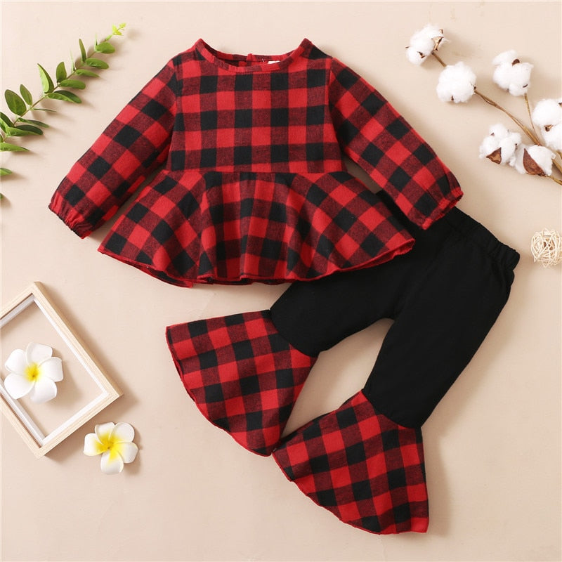 Girls Red Plaid Outfit Flouncing Hem Bell-Bottomed Valentine Set 2 Pcs