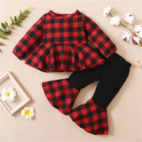 Girls Red Plaid Outfit Flouncing Hem Bell-Bottomed Valentine Set 2 Pcs