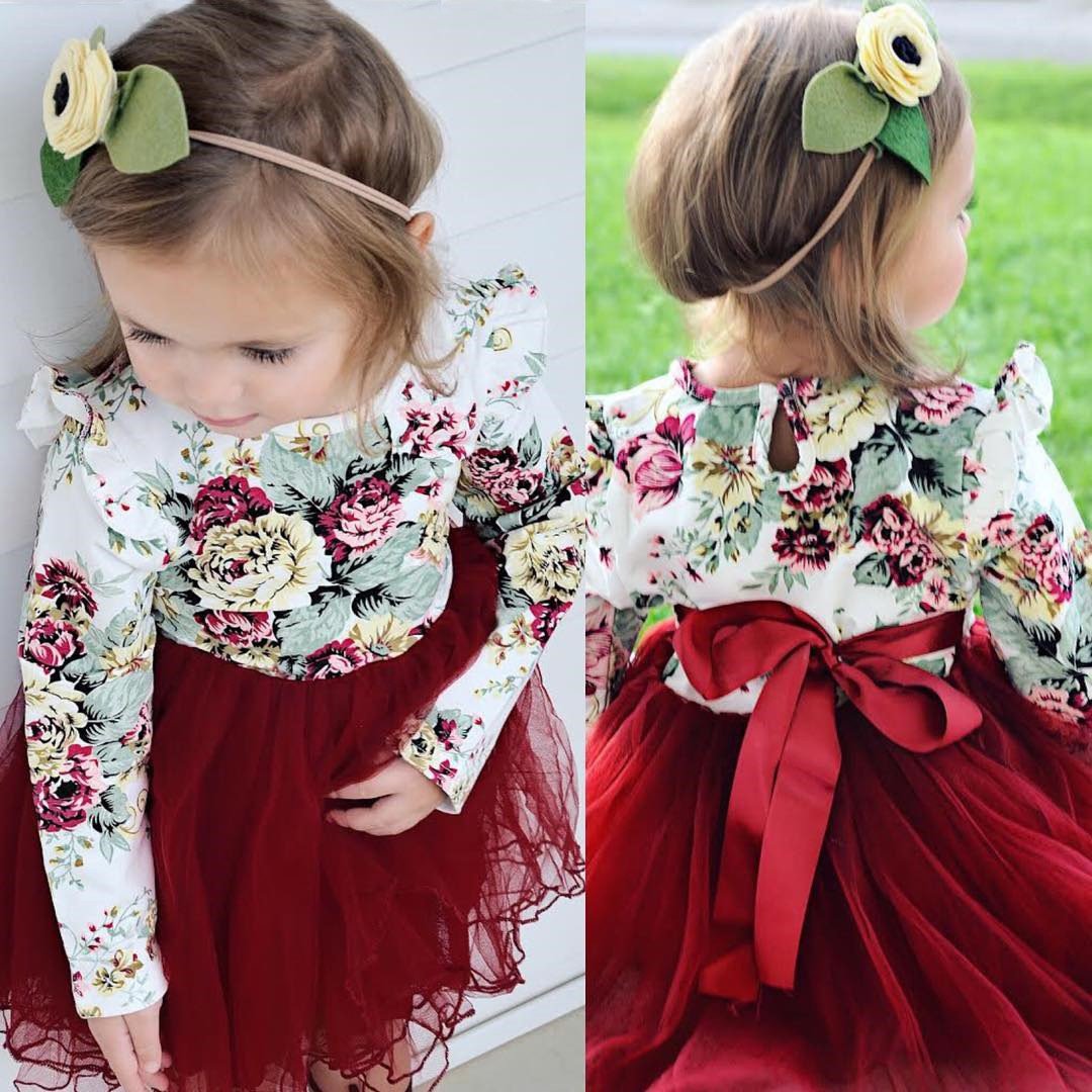Girls Long Sleeve Flower Tulle Bow Christmas Flower Dresses