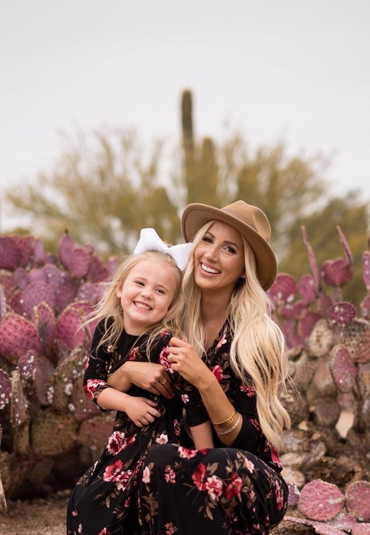 Family Matching Mother Daughter Long Sleeve Flower Print Dresses