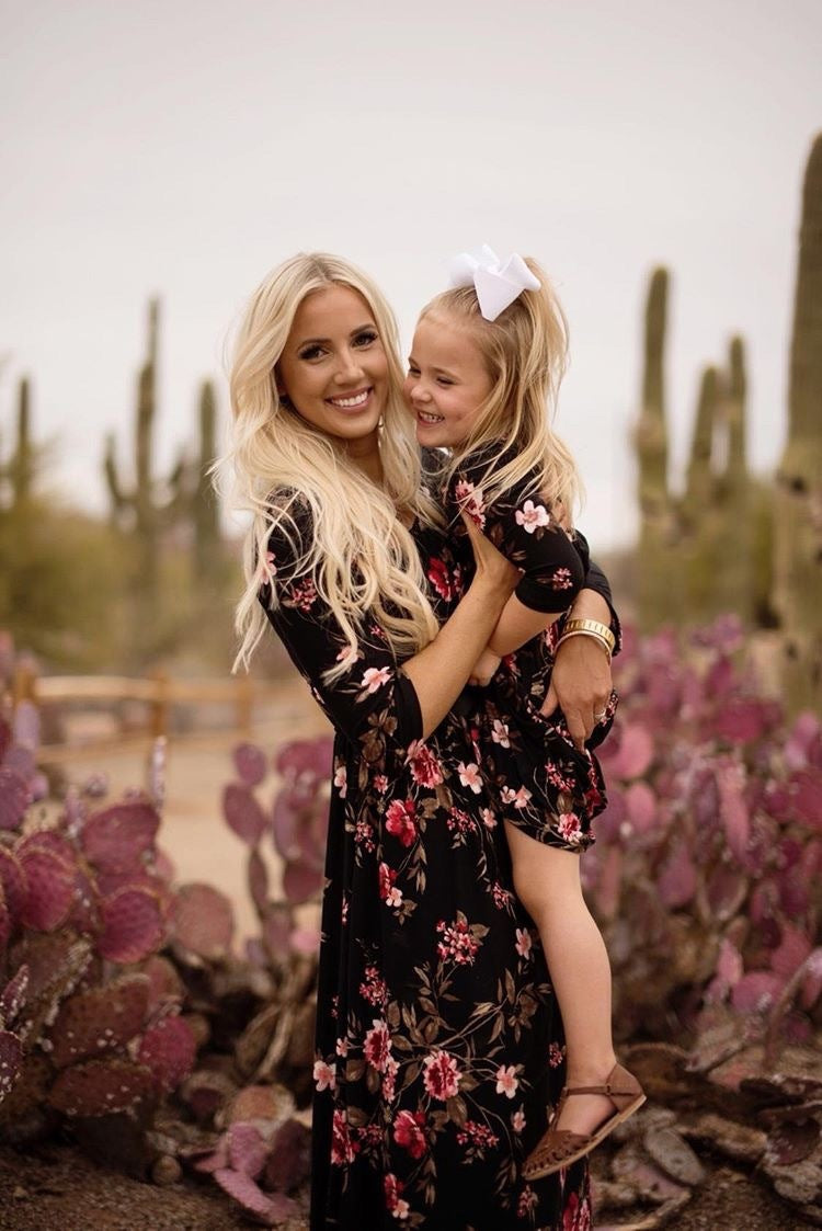 Family Matching Mother Daughter Long Sleeve Flower Print Dresses