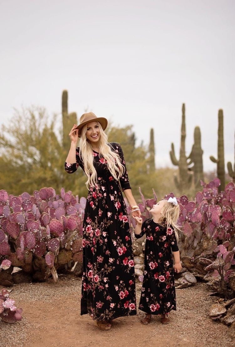 Family Matching Mother Daughter Long Sleeve Flower Print Dresses