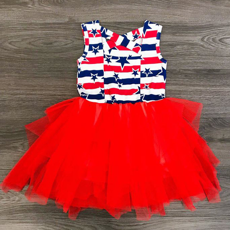 Baby Girl Sleeveless Puffy Striped Ins Star Independence Dress