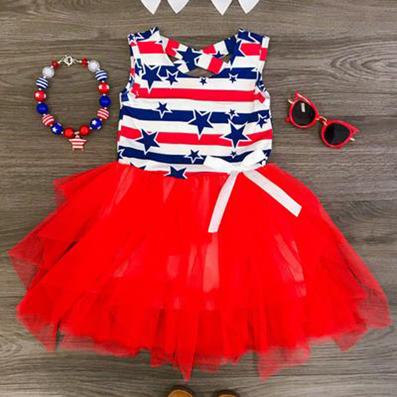 Baby Girl Sleeveless Puffy Striped Ins Star Independence Dress