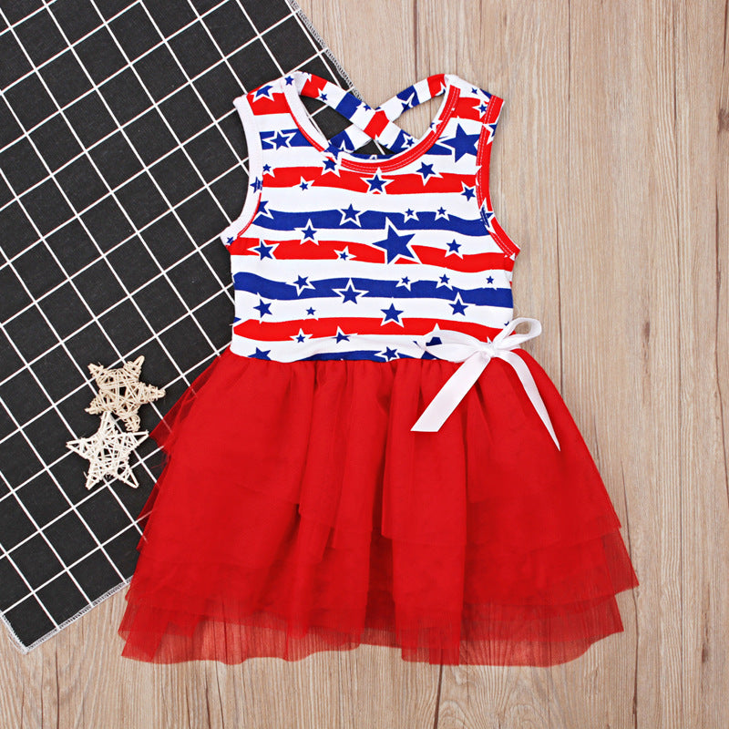 Baby Girl Sleeveless Puffy Striped Ins Star Independence Dress