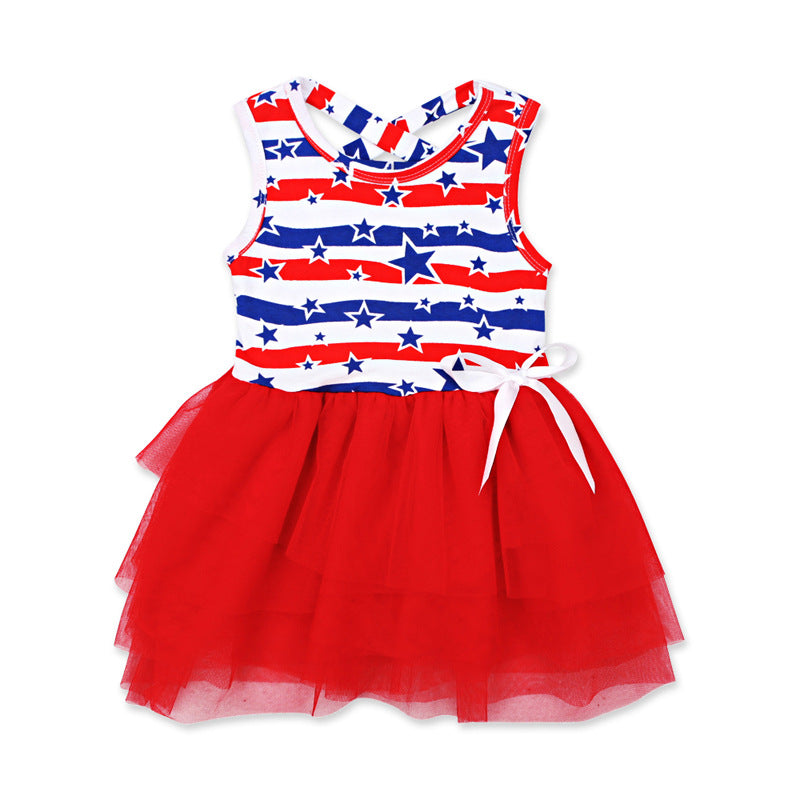 Baby Girl Sleeveless Puffy Striped Ins Star Independence Dress
