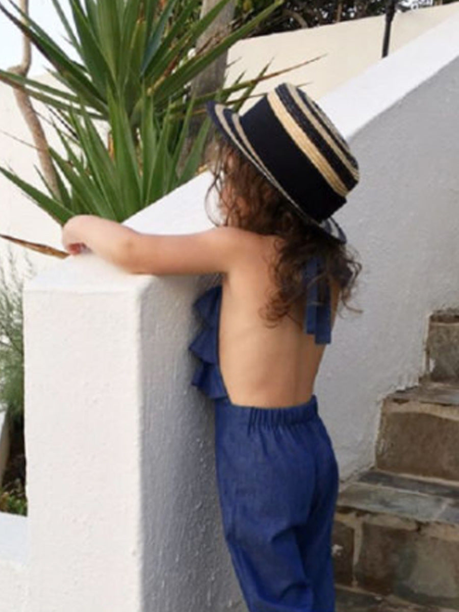 Kid Baby Girl Ruffles Overalls Halter Backless Jumpsuit Jeans Pants Rompers