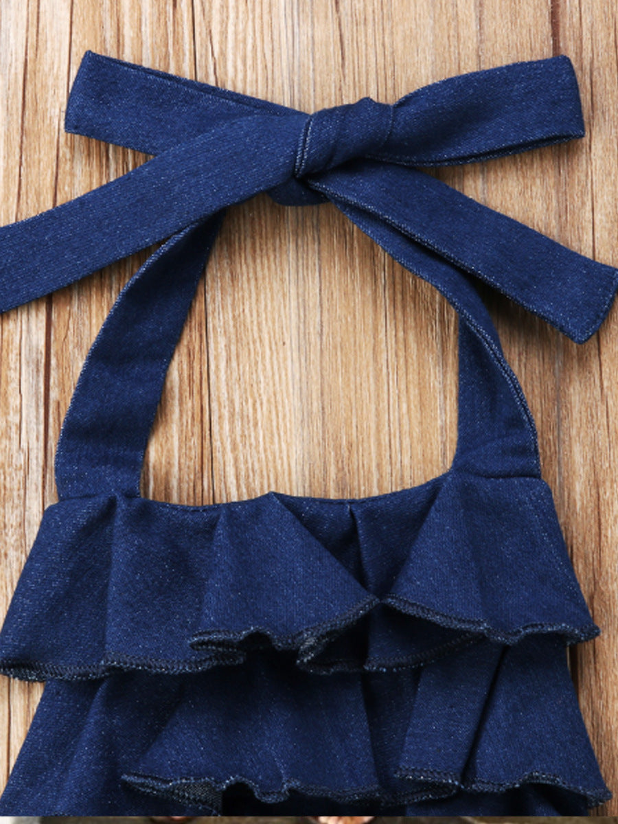 Kid Baby Girl Ruffles Overalls Halter Backless Jumpsuit Jeans Pants Rompers