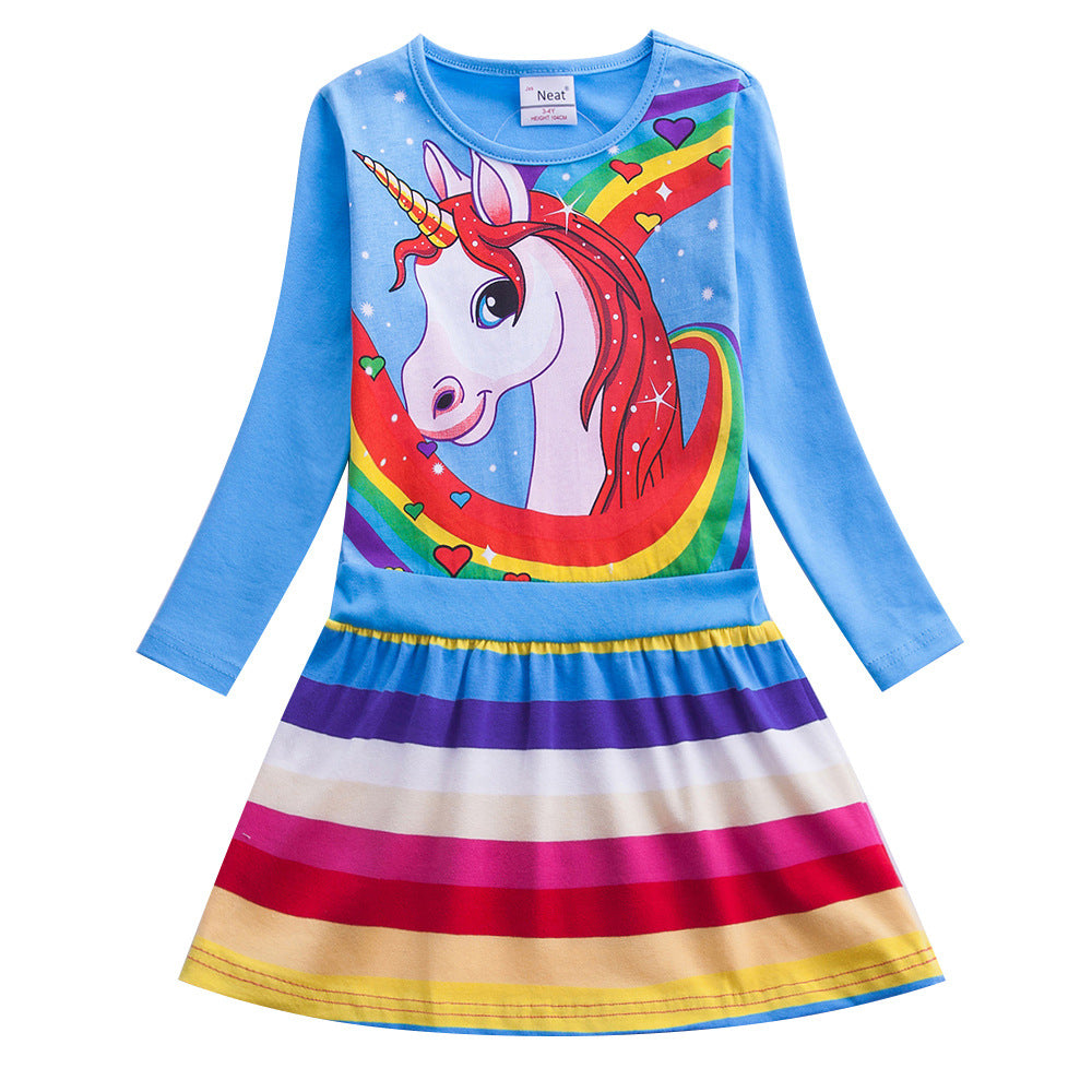 Girl Unicorn Print Rainbow Striped Long Sleeve Dress