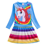 Girl Unicorn Print Rainbow Striped Long Sleeve Dress