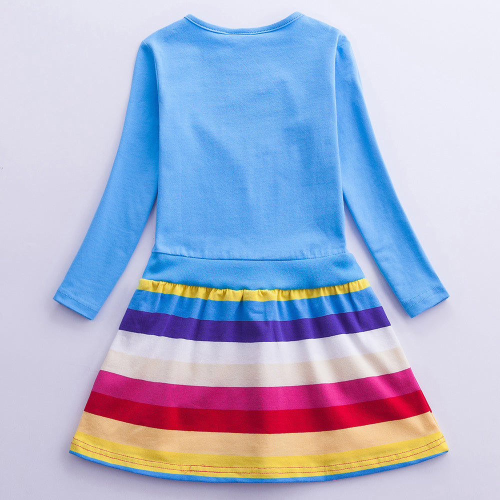 Girl Unicorn Print Rainbow Striped Long Sleeve Dress