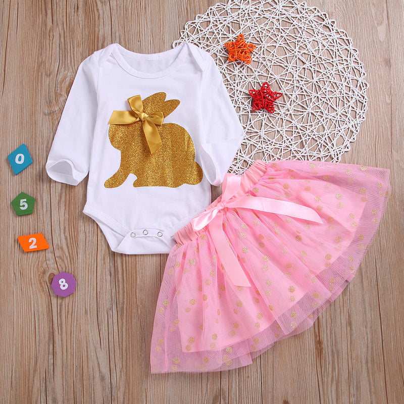 Baby Girls Easter Bunny Print Top Mesh Skirt Princess Crawlsuit 2 Pcs Set