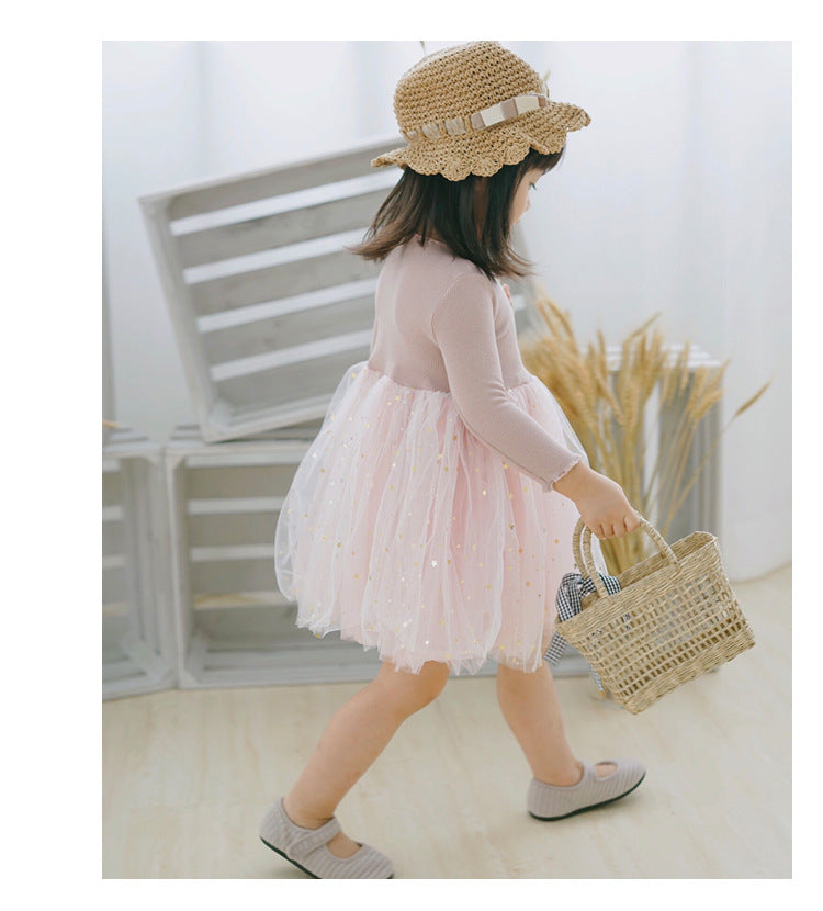 Baby Girl Princess Pentagram Mesh Long-sleeved Dress