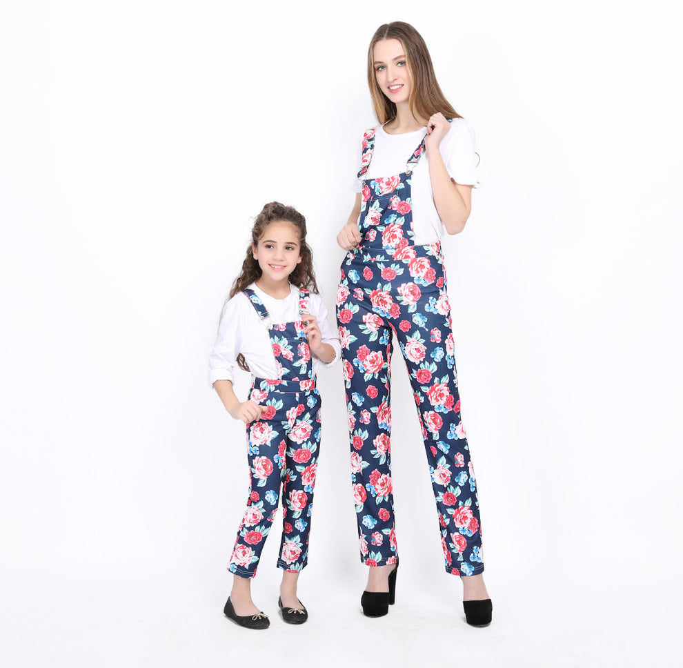 Family Spring Parent-child One-piece Printed Overalls Pants Dress