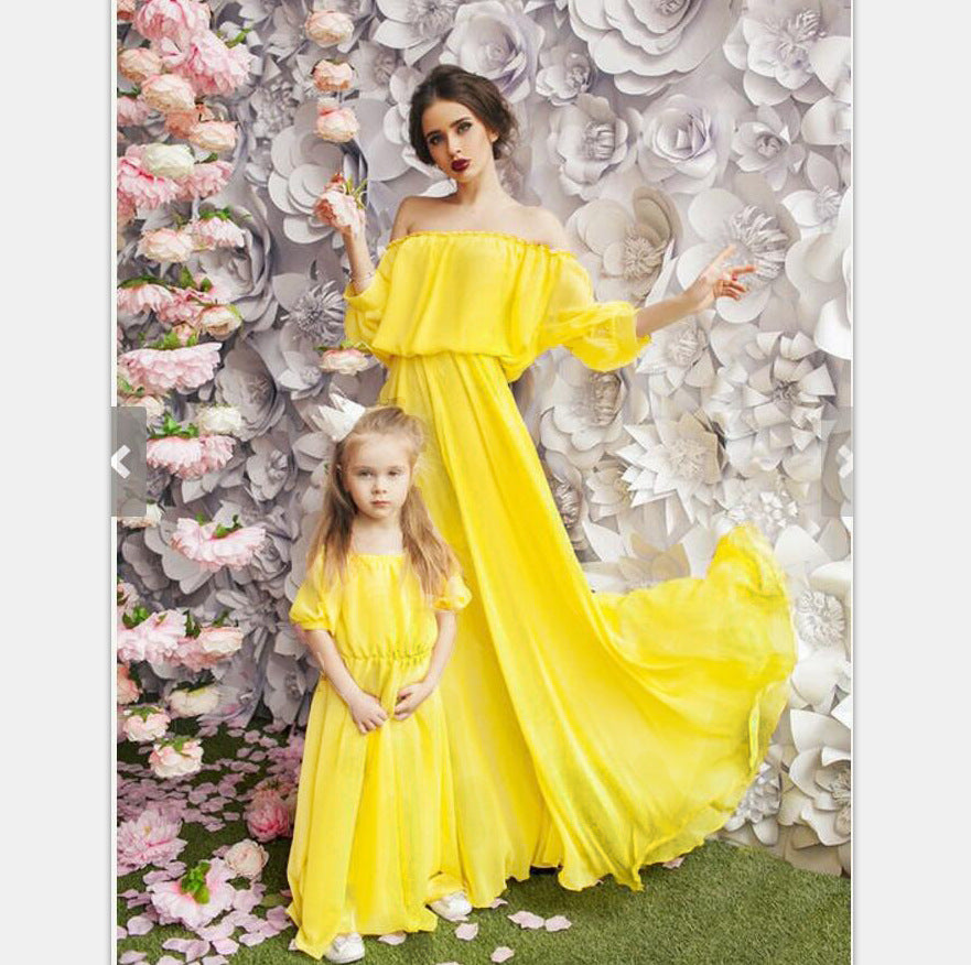 Family Matching Chiffon Puff Sleeve Parent-child Dress