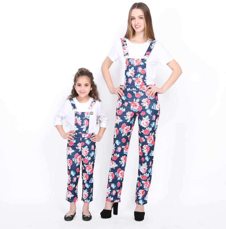 Family Spring Parent-child One-piece Printed Overalls Pants Dress