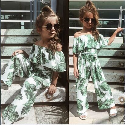 Kid Girls One-shoulder Jumpsuit Leaf Printed Summer Rompers