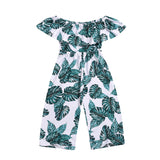 Kid Girls One-shoulder Jumpsuit Leaf Printed Summer Rompers