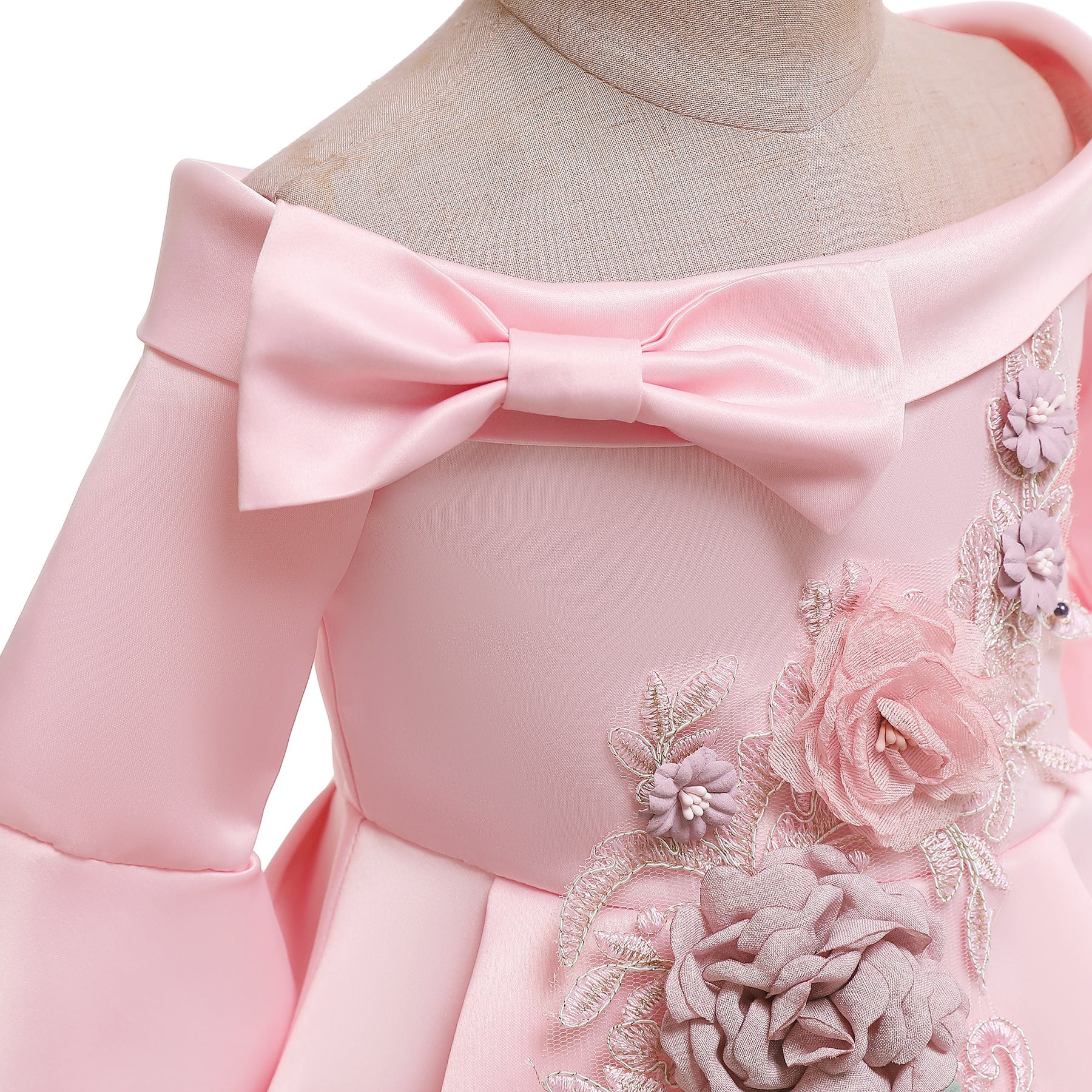 Kid Girl Princess Off Shoulder Middle Sleeve Satin Gown Embroidered Dresses