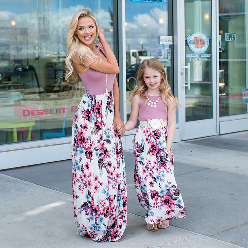 Family Matching Mother Daughter Dress Vest Printed  Long Summer Dress