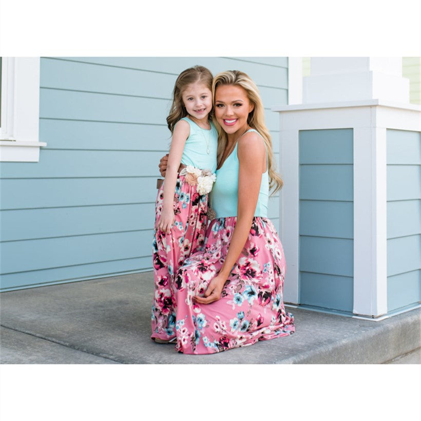 Family Matching Mother Daughter Dress Vest Printed  Long Summer Dress