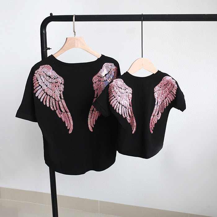 Family Matching Angel Wings Sequin Embroidery Adult Kids Shirt Tops