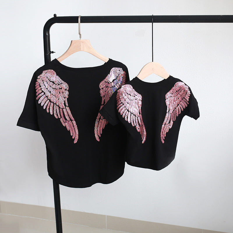 Family Matching Angel Wings Sequin Embroidery Adult Kids Shirt Tops